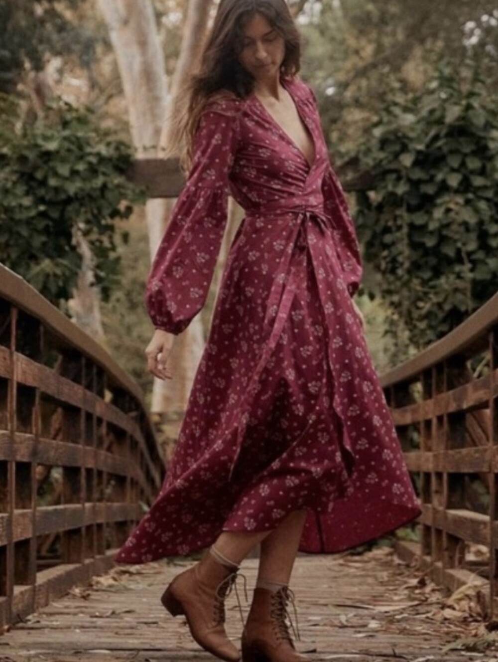 Christy Dawn Bergan Maroon Floral Maxi Wrap Dress Women's XL